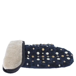 Gray Wool Shearling Studded Blue Leopard Gloves
