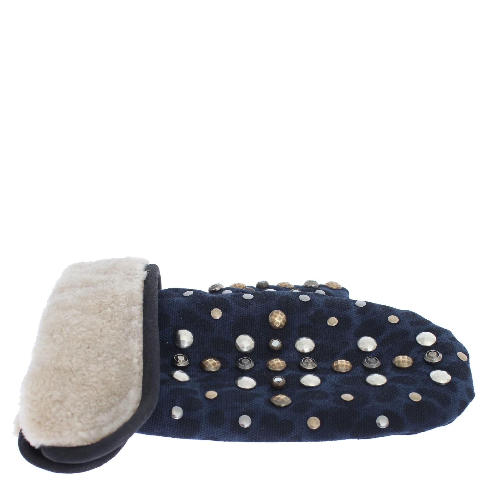 Gray Wool Shearling Studded Blue Leopard Gloves