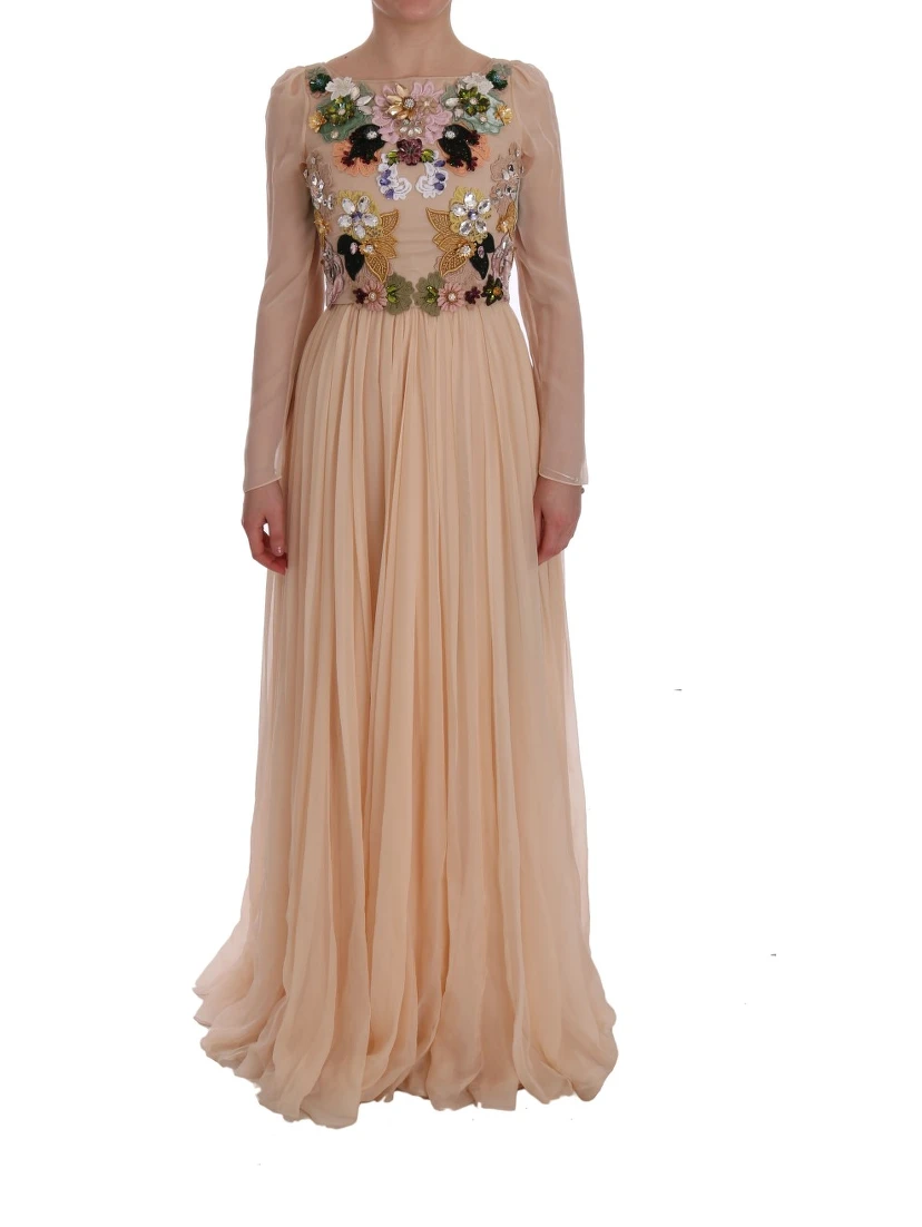 Pink Silk Floral Crystal Maxi Gown Dress