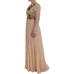 Pink Silk Floral Crystal Maxi Gown Dress