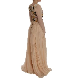 Pink Silk Floral Crystal Maxi Gown Dress