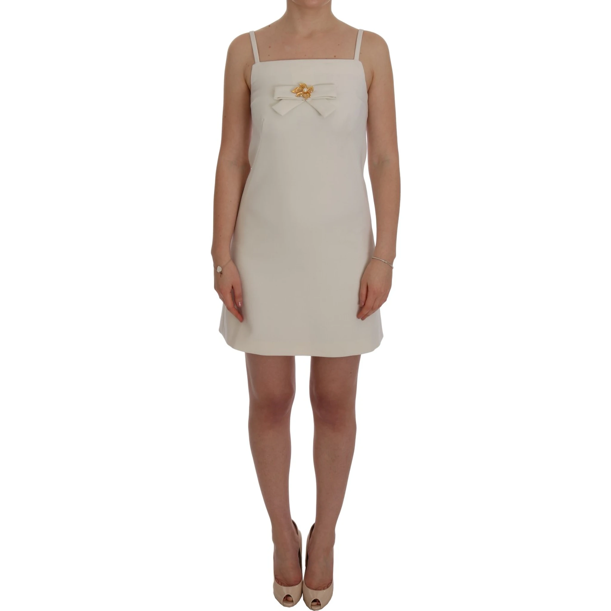 White Wool Stretch Brooch Shift Dress