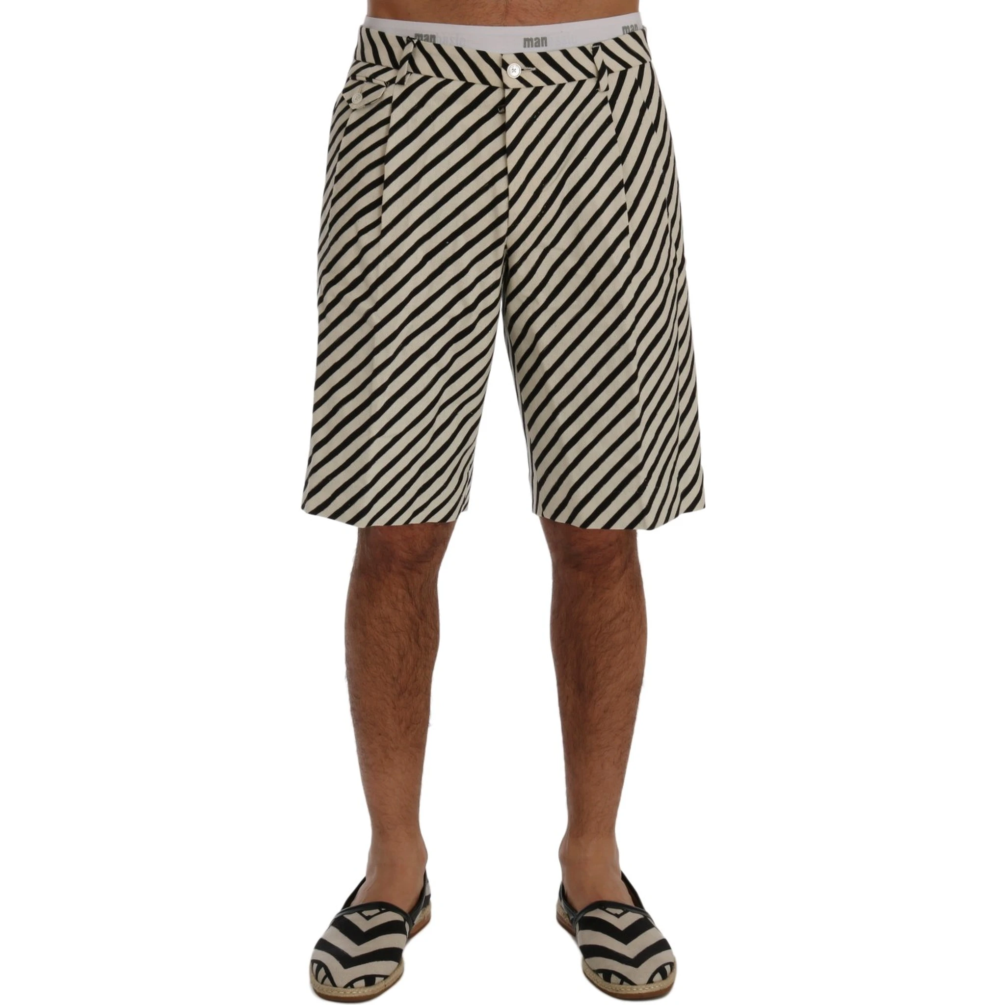 White Black Striped Hemp Casual Shorts