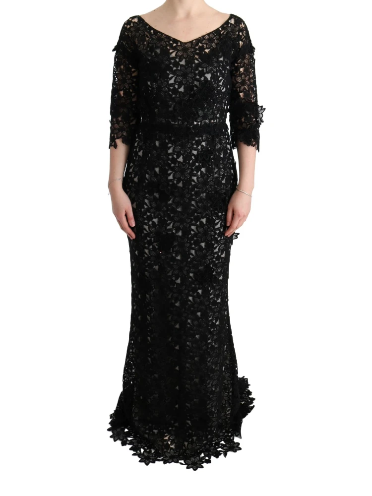 Black Cotton Silk Floral Long Dress