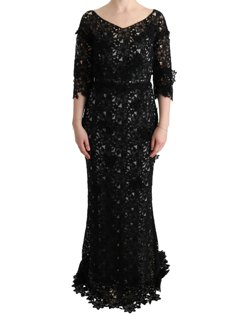 Black Cotton Silk Floral Long Dress