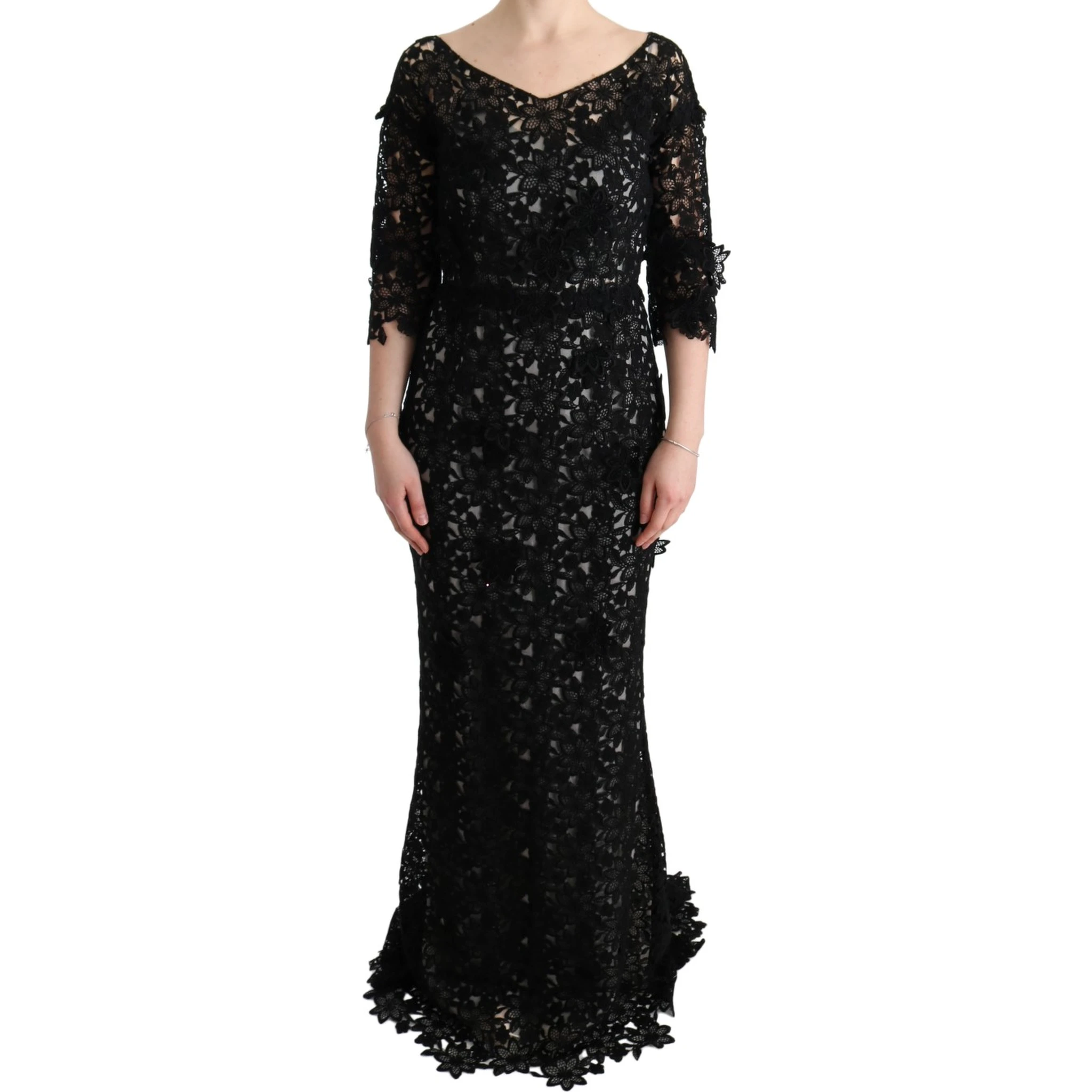 Black Cotton Silk Floral Long Dress