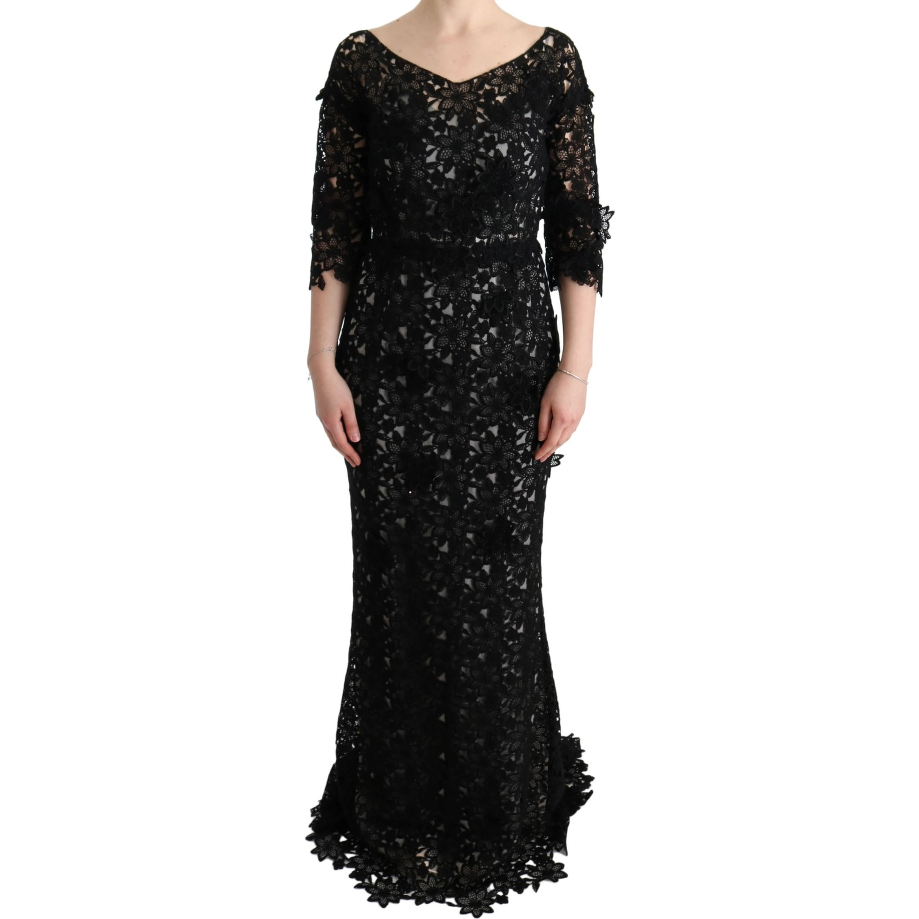 Black Cotton Silk Floral Long Dress