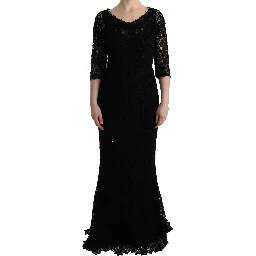 Black Floral Ricamo Sheath Long Dress