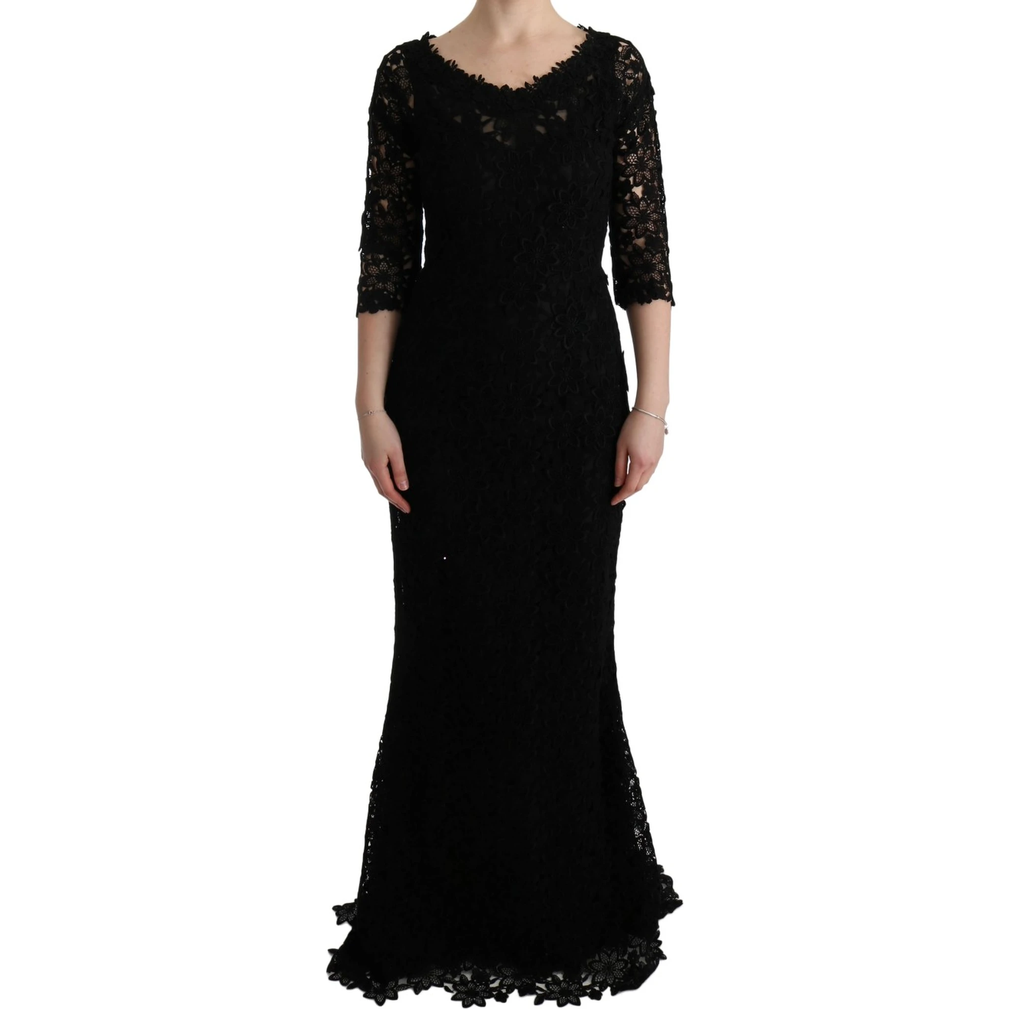 Black Floral Ricamo Sheath Long Dress