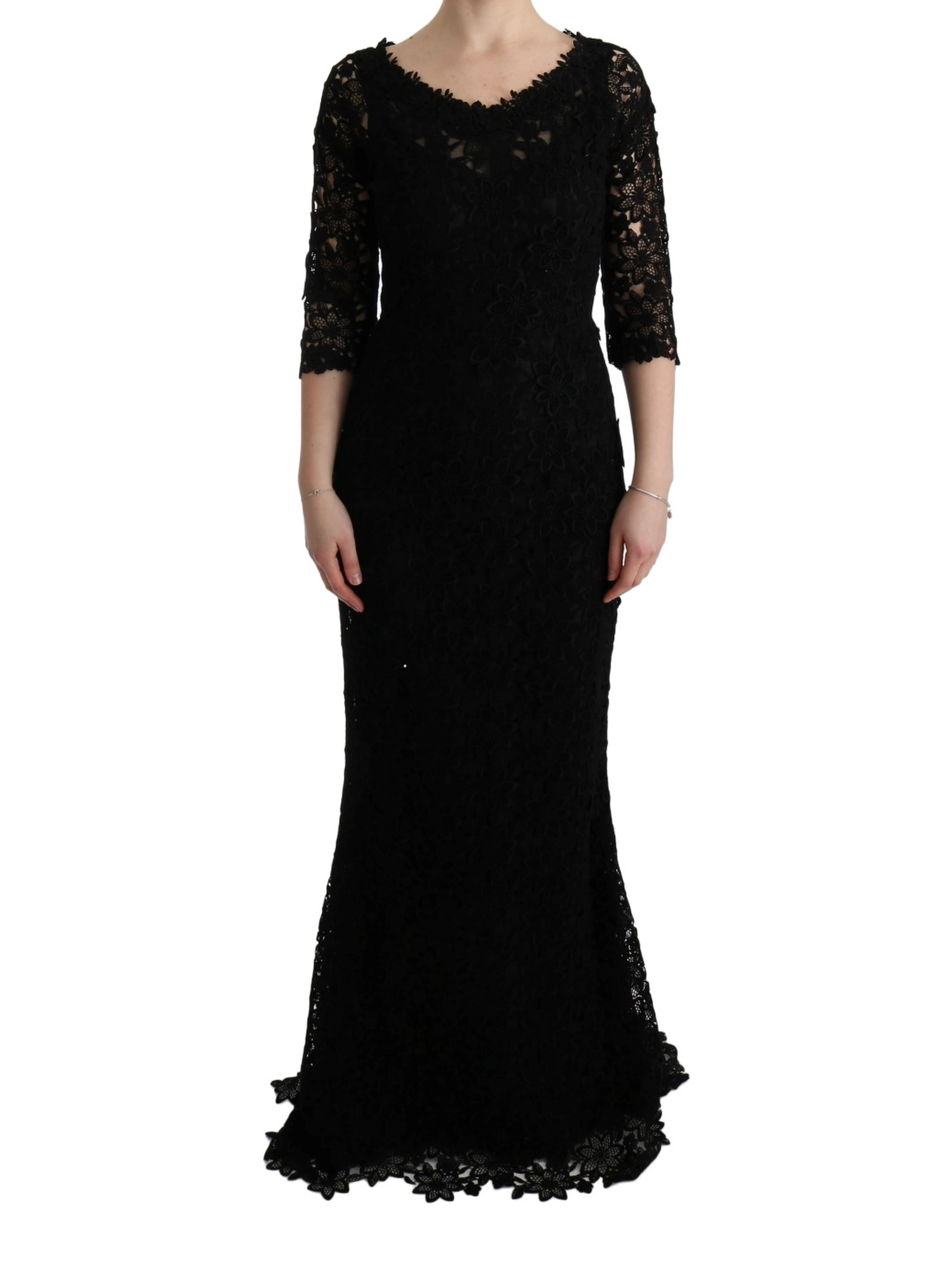 Black Floral Ricamo Sheath Long Dress
