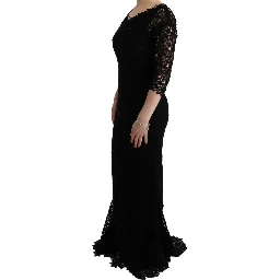 Black Floral Ricamo Sheath Long Dress