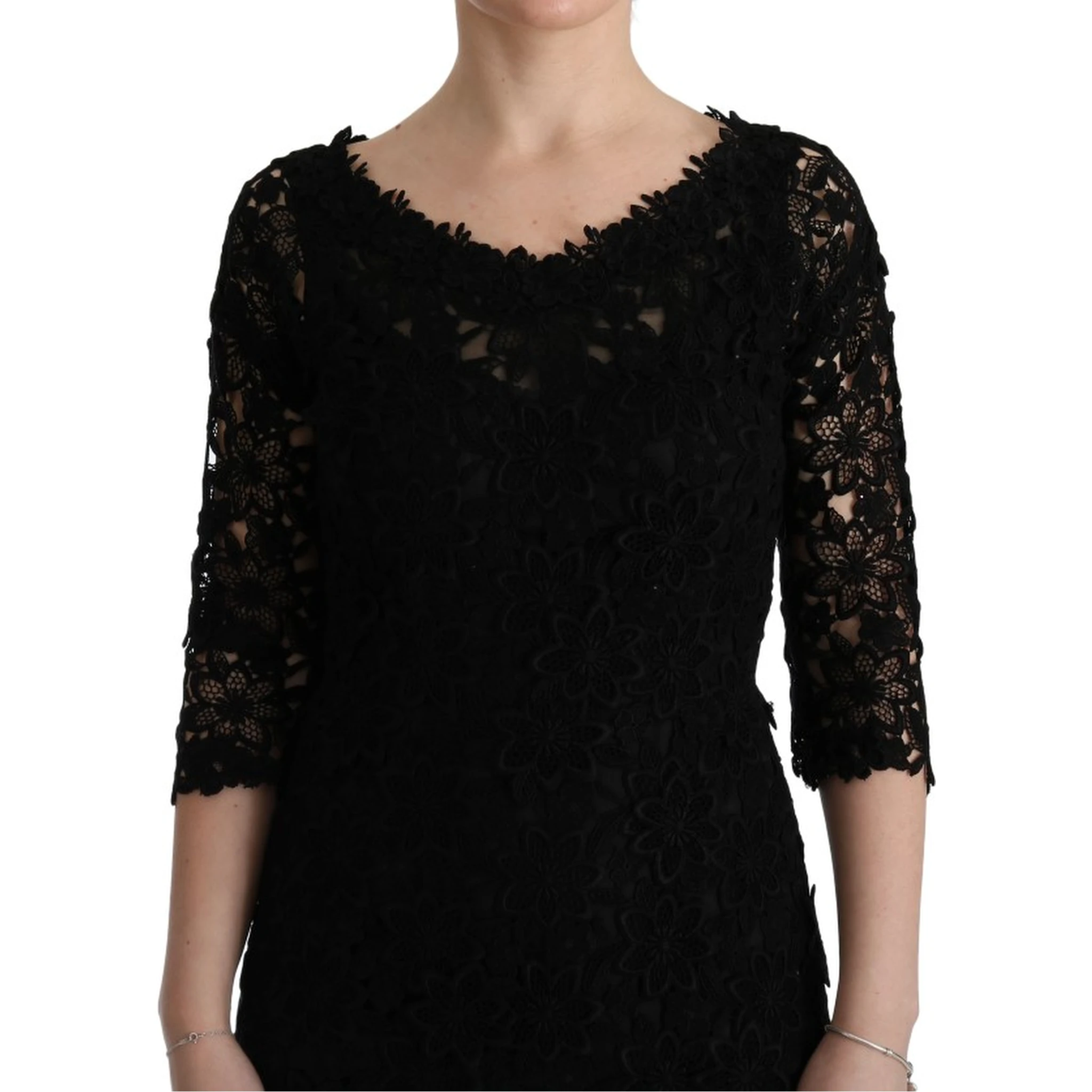 Black Floral Ricamo Sheath Long Dress