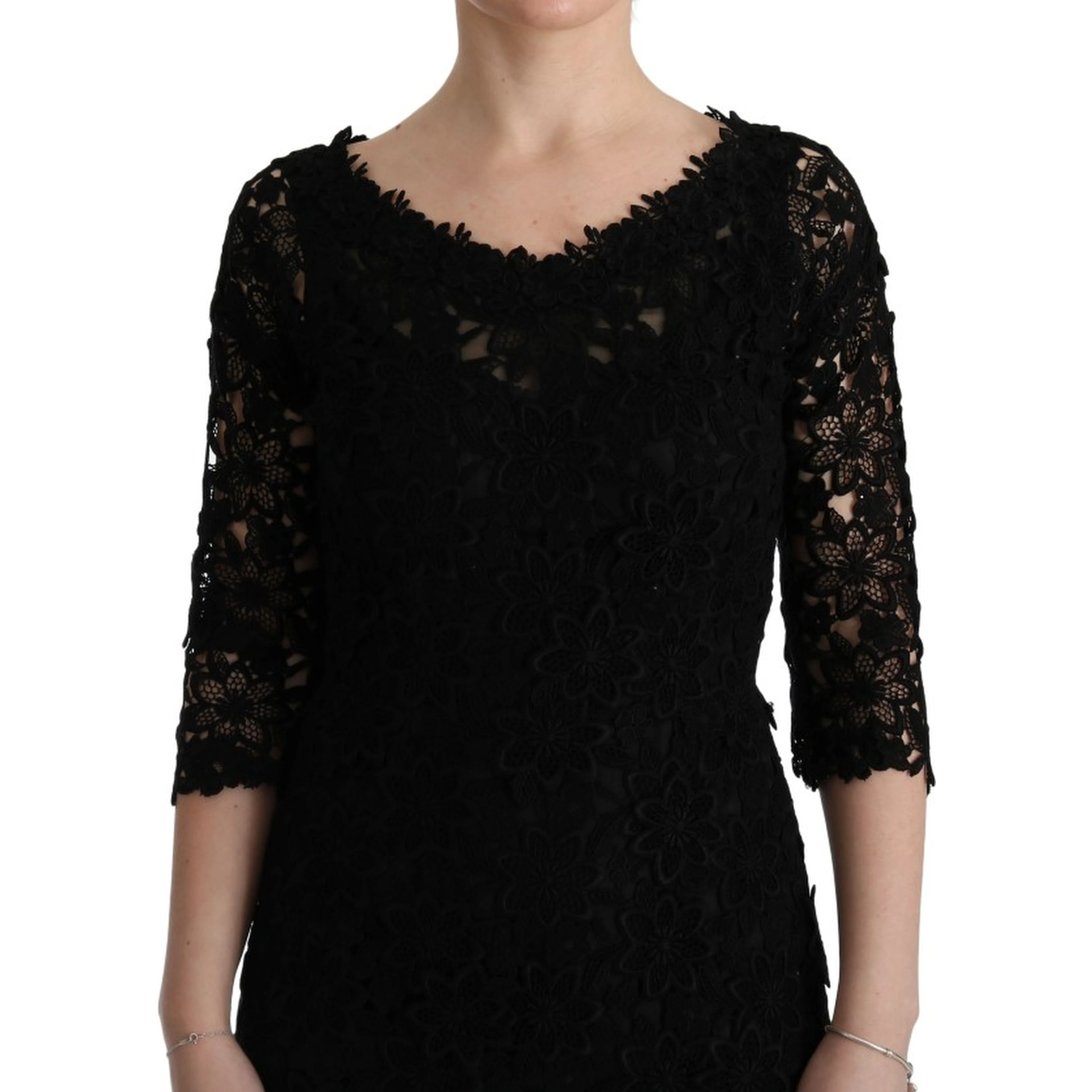 Black Floral Ricamo Sheath Long Dress