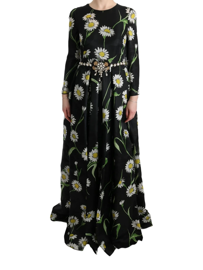 Multicolor Silk Sunflower Print Long Maxi Dress