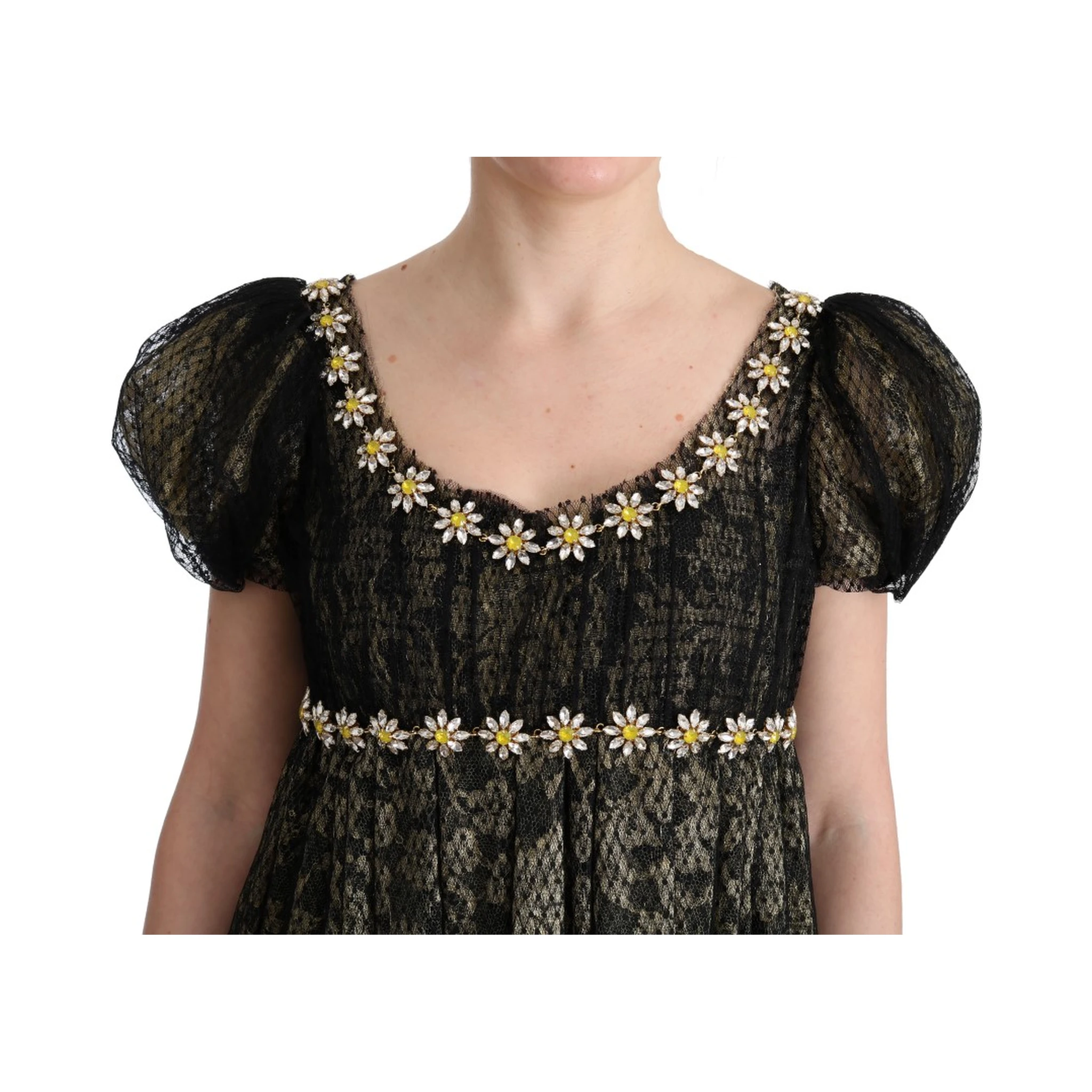 Black Yellow Crystal Lace Shift Dress