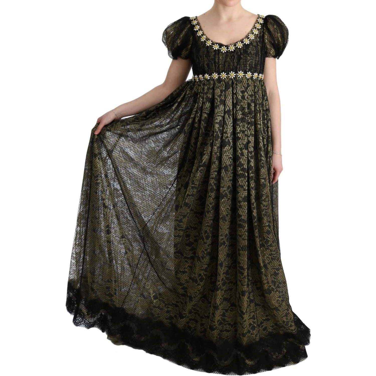 Black Yellow Crystal Lace Shift Dress