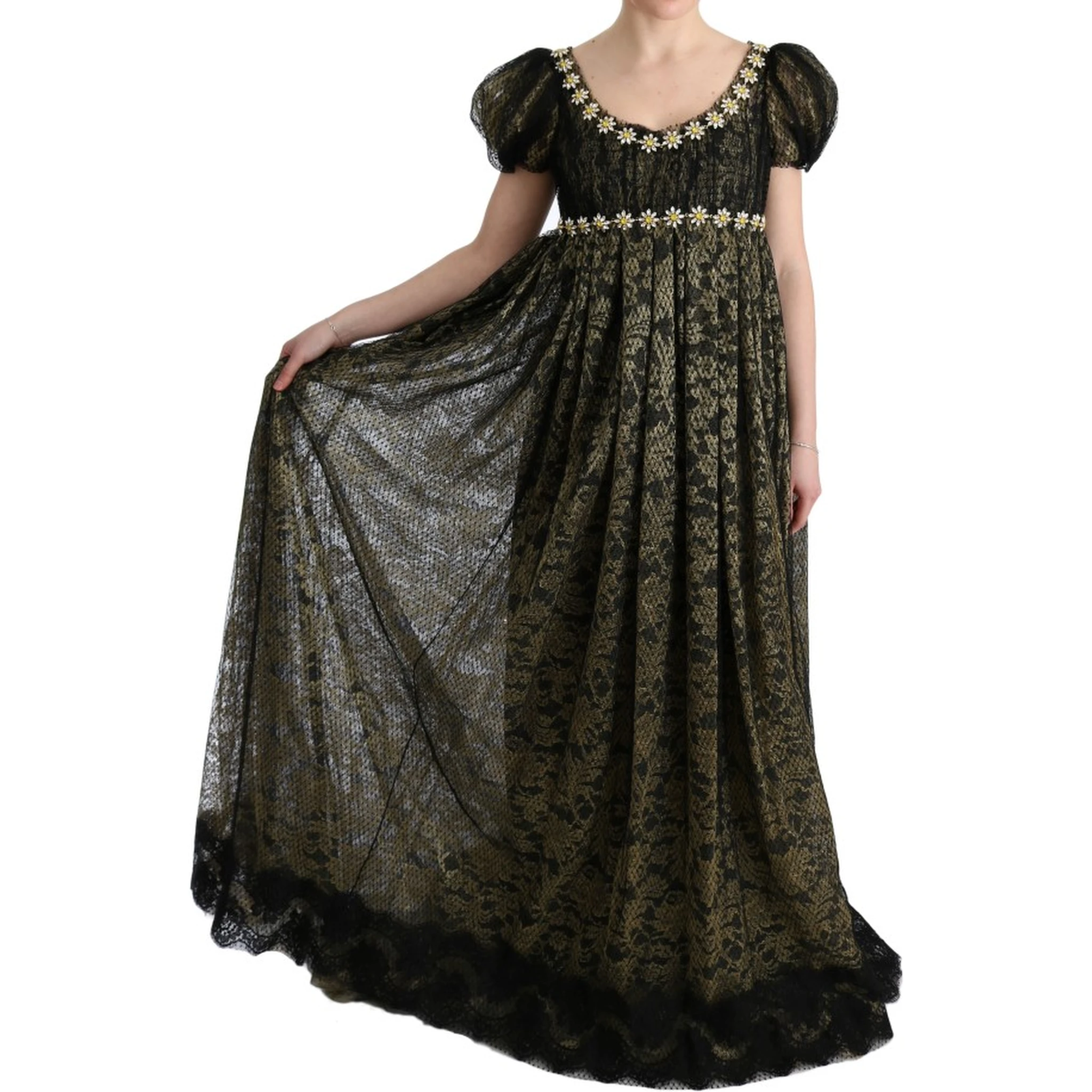 Black Yellow Crystal Lace Shift Dress