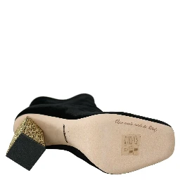 Black Velvet Crystal Square Heels Shoes