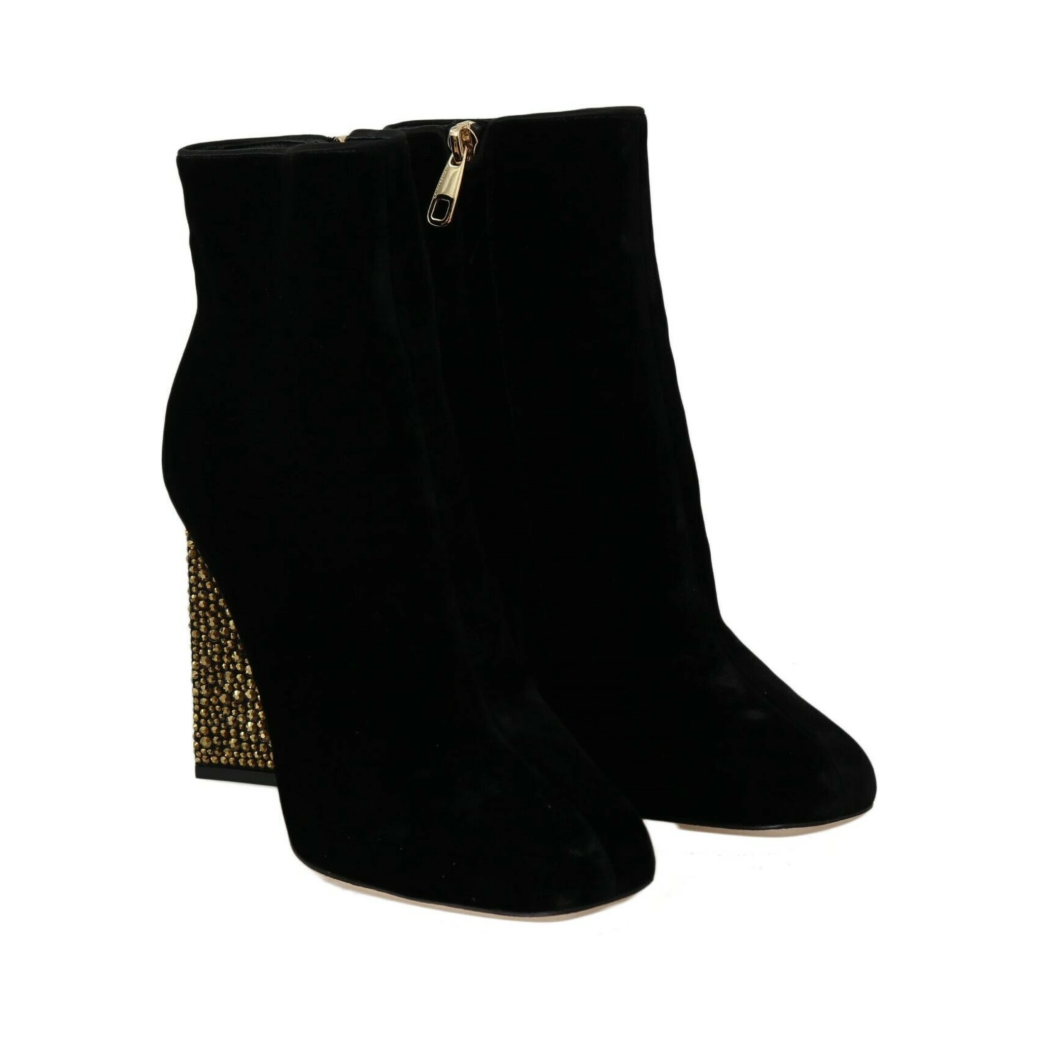 Black Velvet Crystal Square Heels Shoes