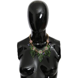 Green Leaves Gold Brass Crystal Flower Pendant Necklace