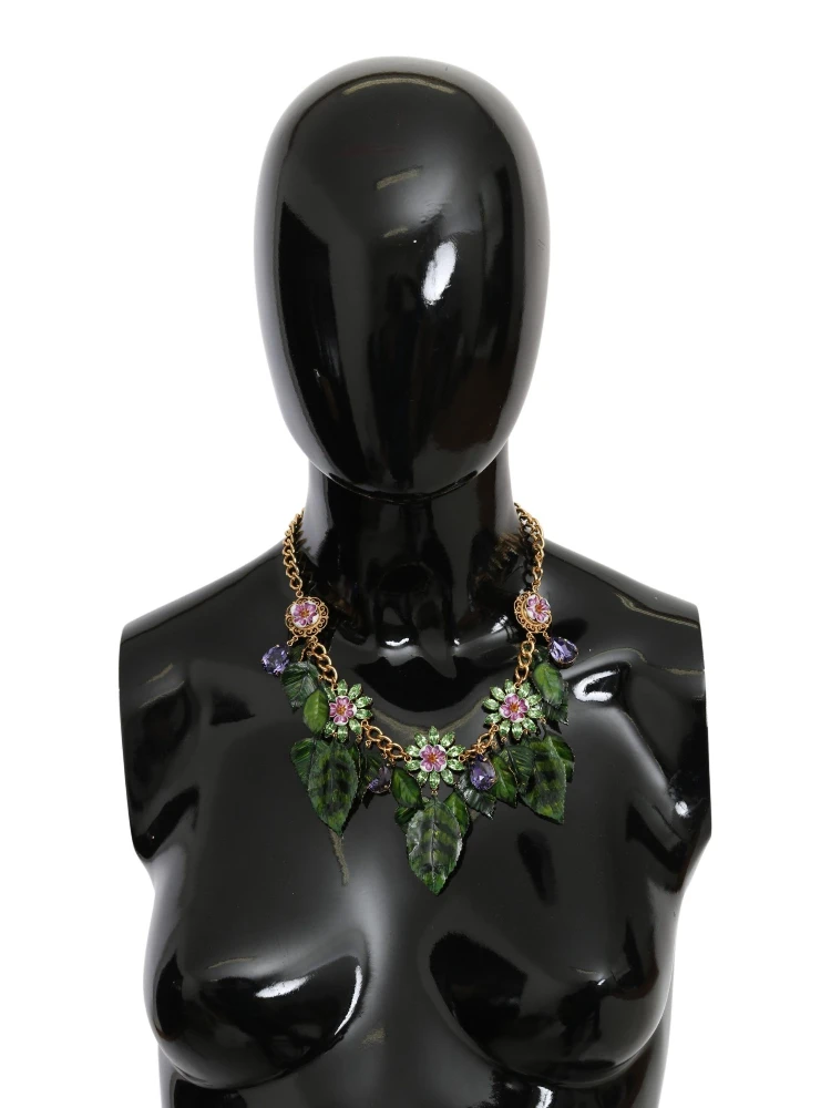 Green Leaves Gold Brass Crystal Flower Pendant Necklace