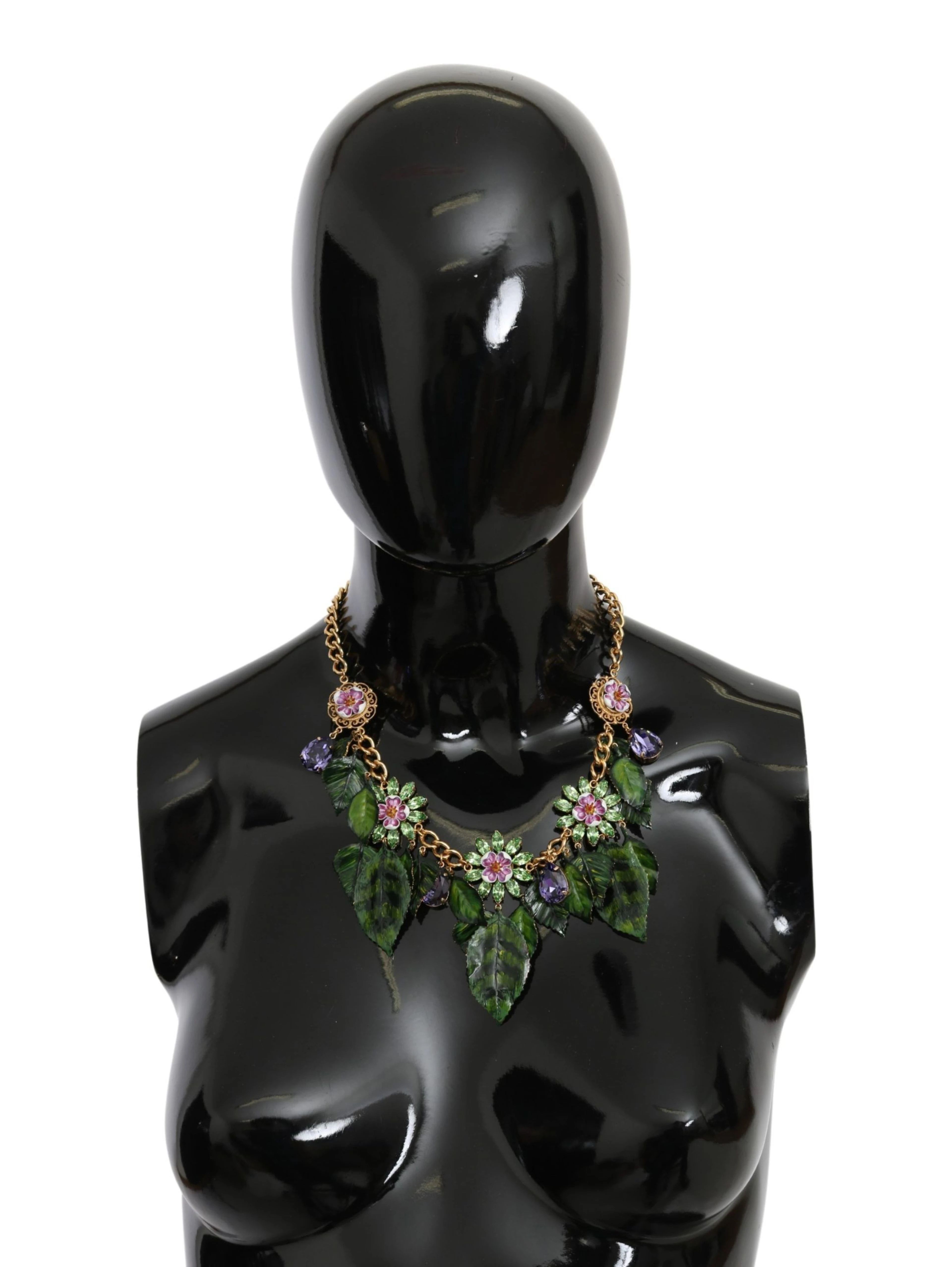 Green Leaves Gold Brass Crystal Flower Pendant Necklace