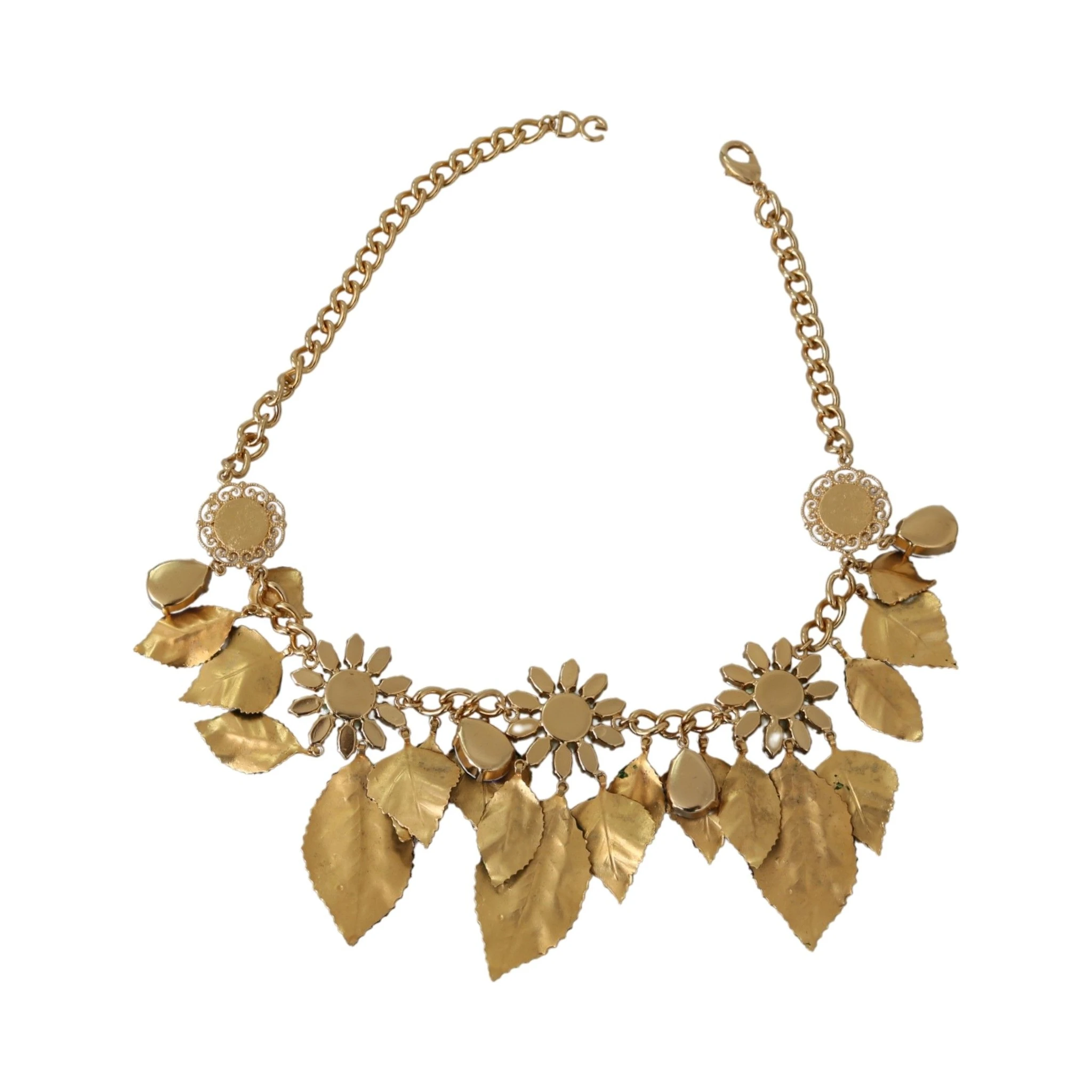 Green Leaves Gold Brass Crystal Flower Pendant Necklace