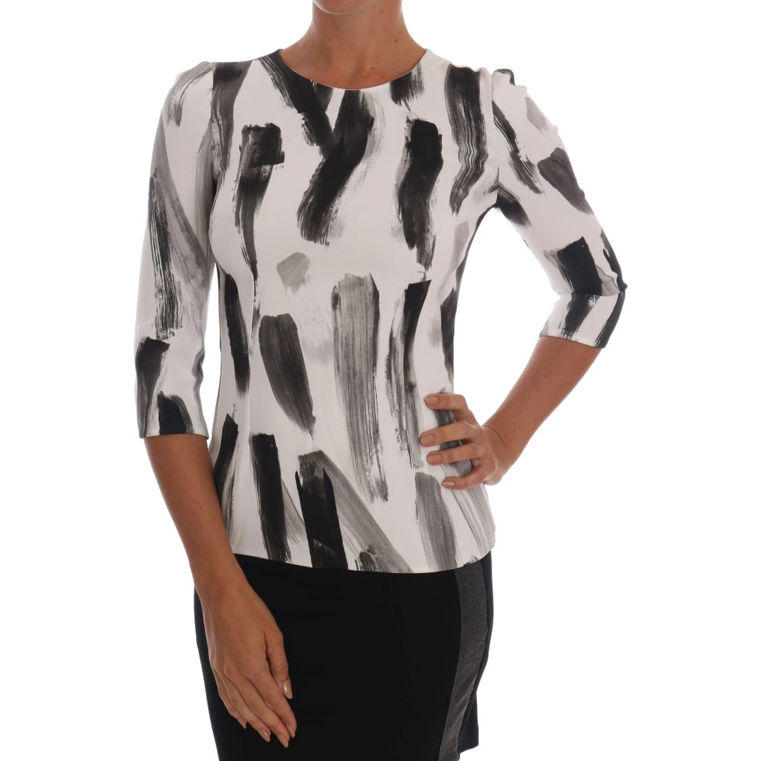 White Black Striped Printed Blouse Top
