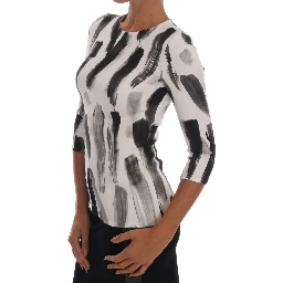 White Black Striped Printed Blouse Top
