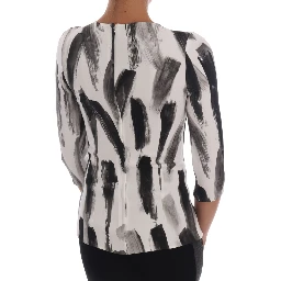 White Black Striped Printed Blouse Top