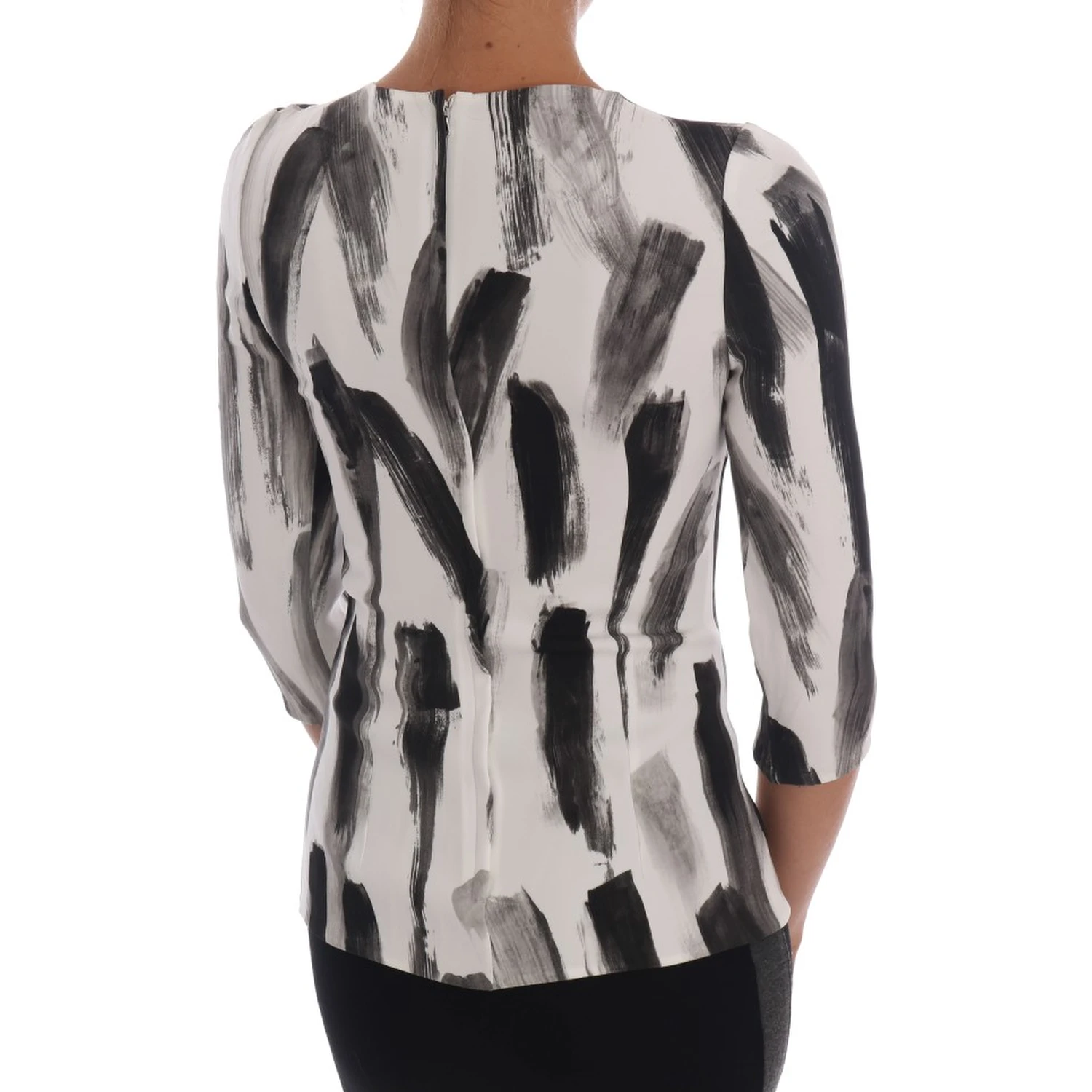 White Black Striped Printed Blouse Top