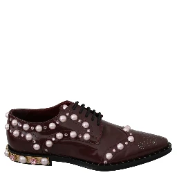 Bordeaux Leather Crystal Pearls Formal Shoes