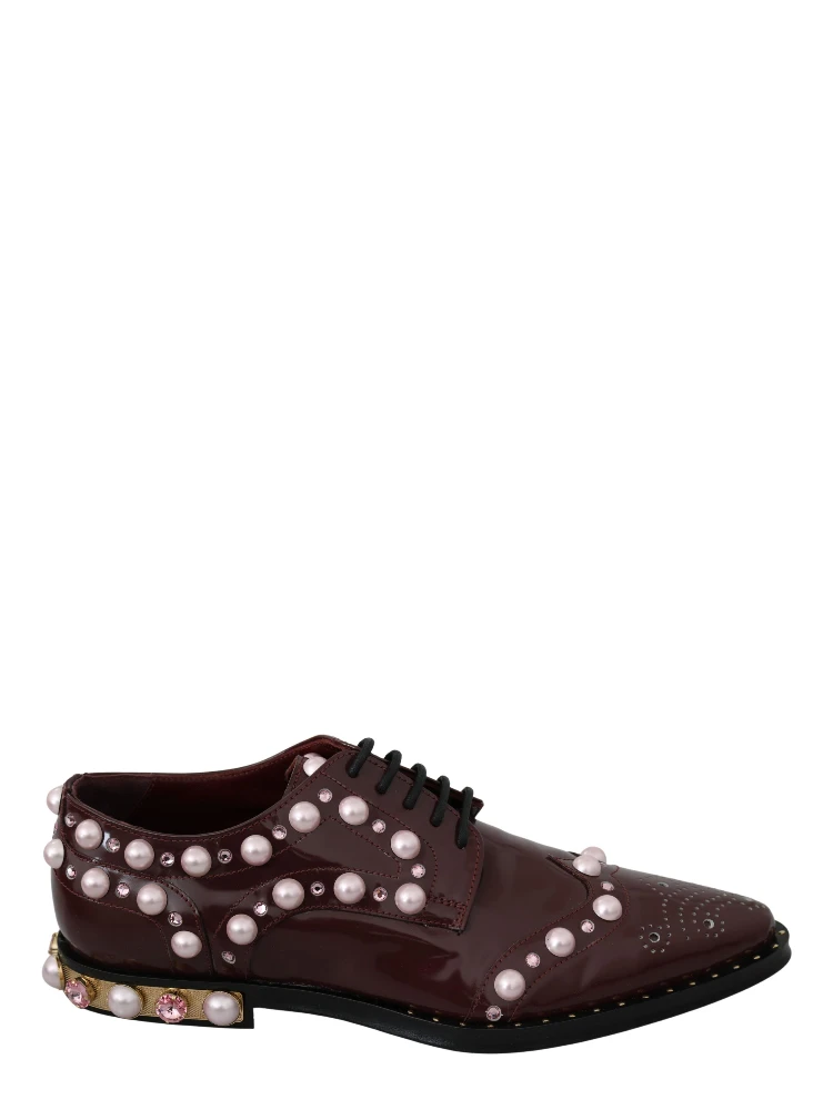 Bordeaux Leather Crystal Pearls Formal Shoes