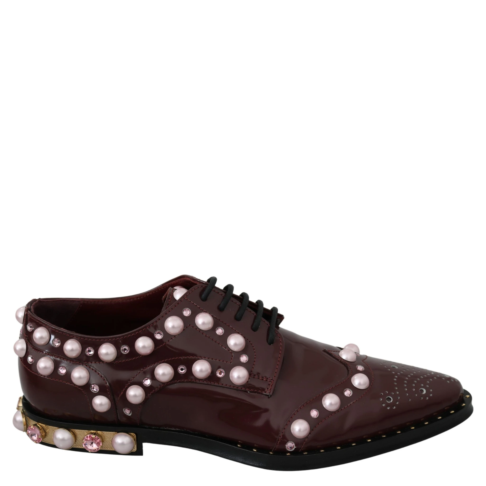 Bordeaux Leather Crystal Pearls Formal Shoes