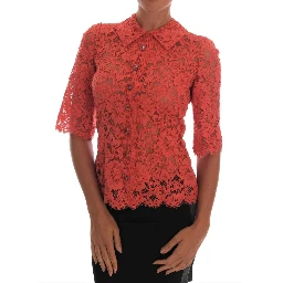 Orange Crystal Buttons Floral Lace Blouse