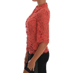 Orange Crystal Buttons Floral Lace Blouse