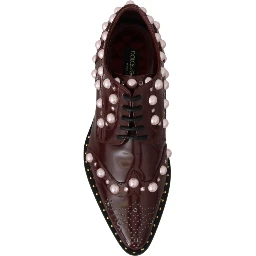 Bordeaux Leather Crystal Pearls Formal Shoes