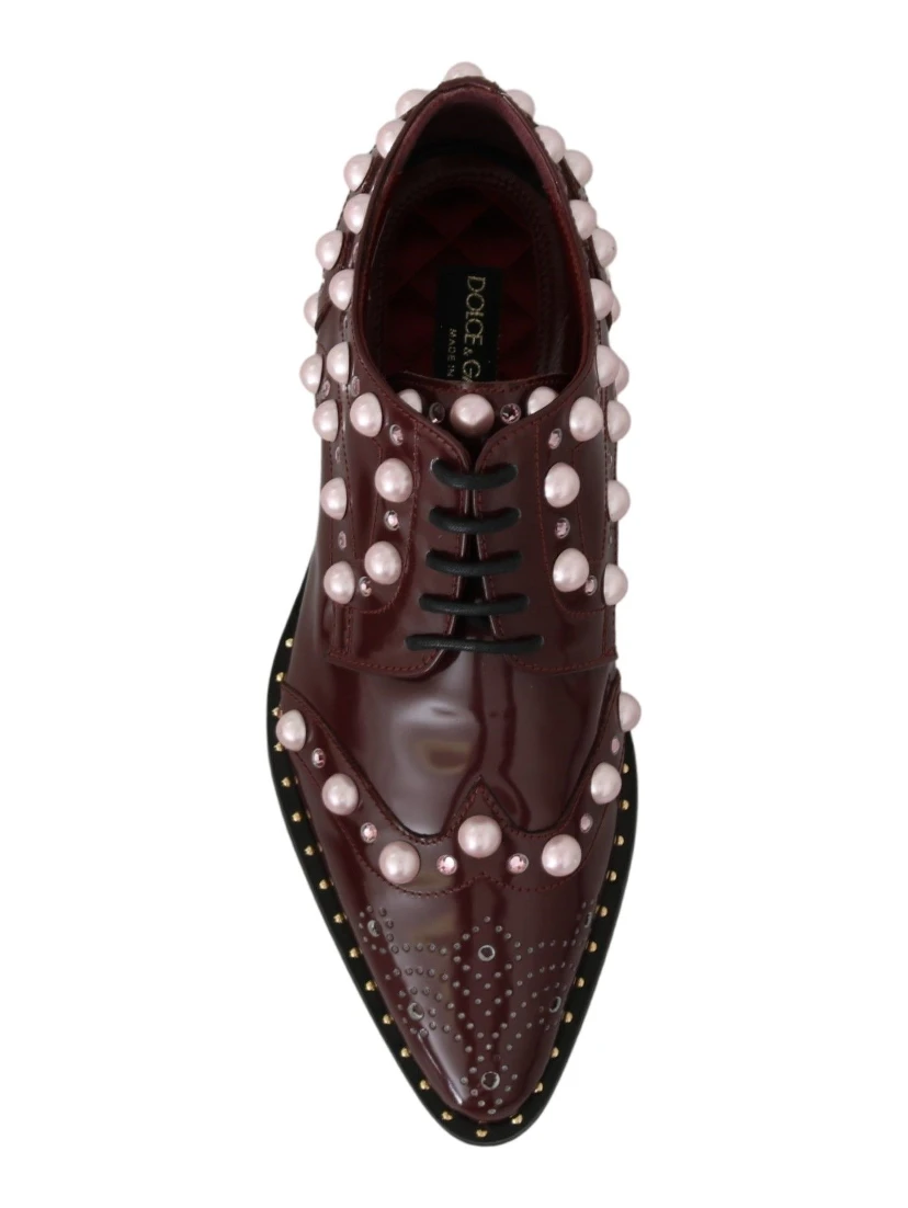 Bordeaux Leather Crystal Pearls Formal Shoes