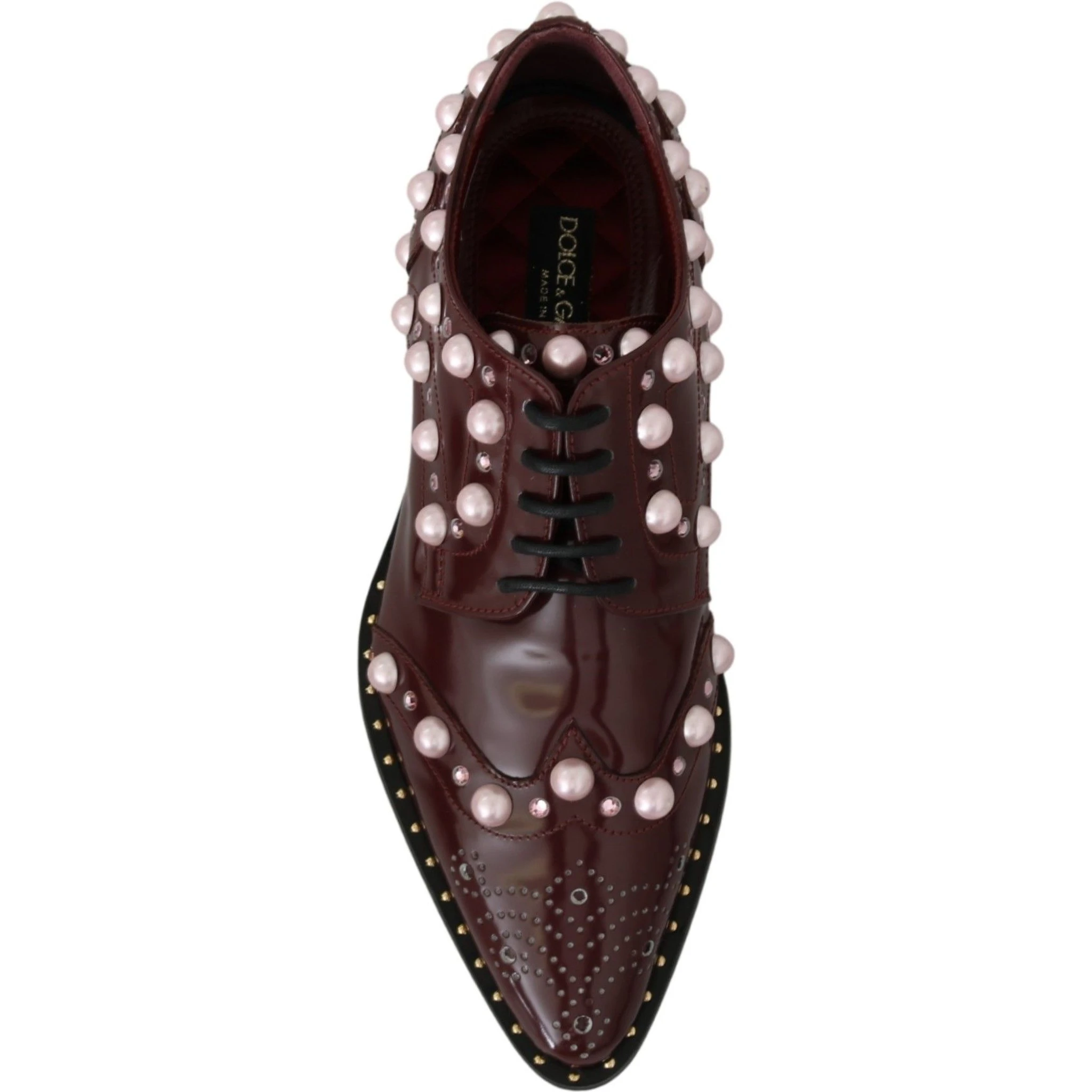 Bordeaux Leather Crystal Pearls Formal Shoes