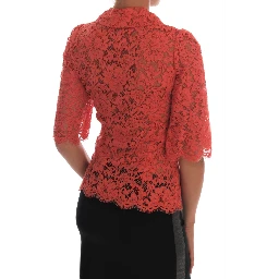 Orange Crystal Buttons Floral Lace Blouse