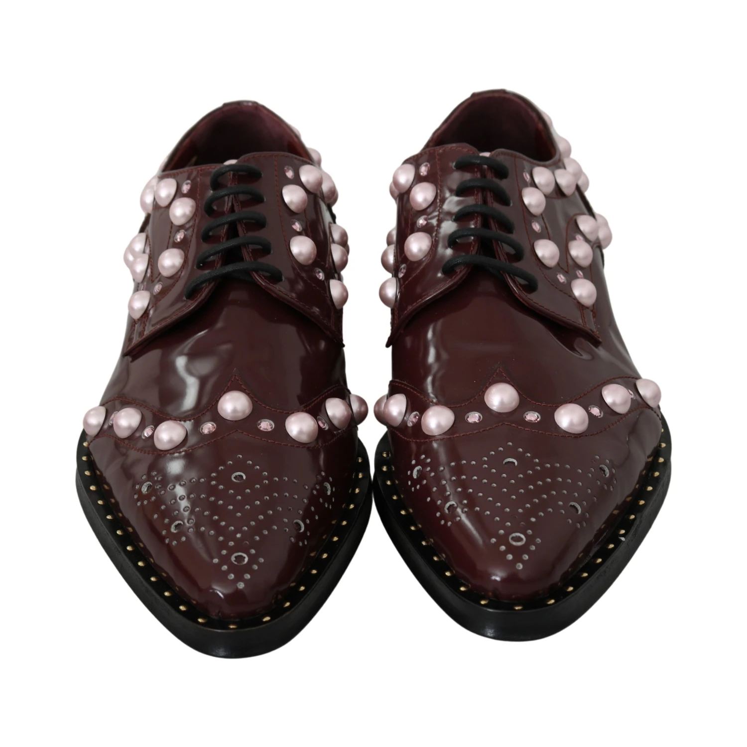 Bordeaux Leather Crystal Pearls Formal Shoes