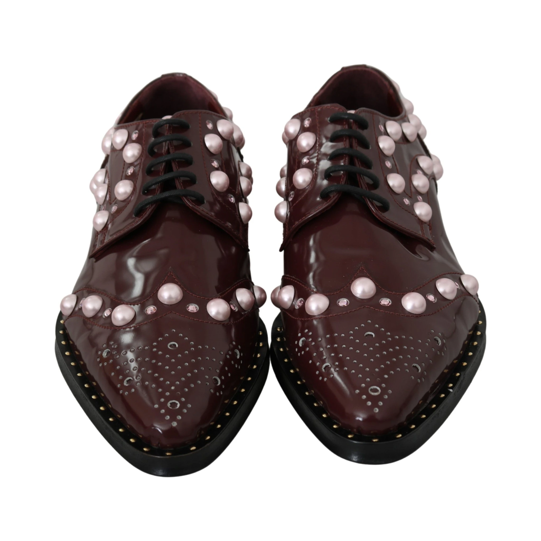 Bordeaux Leather Crystal Pearls Formal Shoes