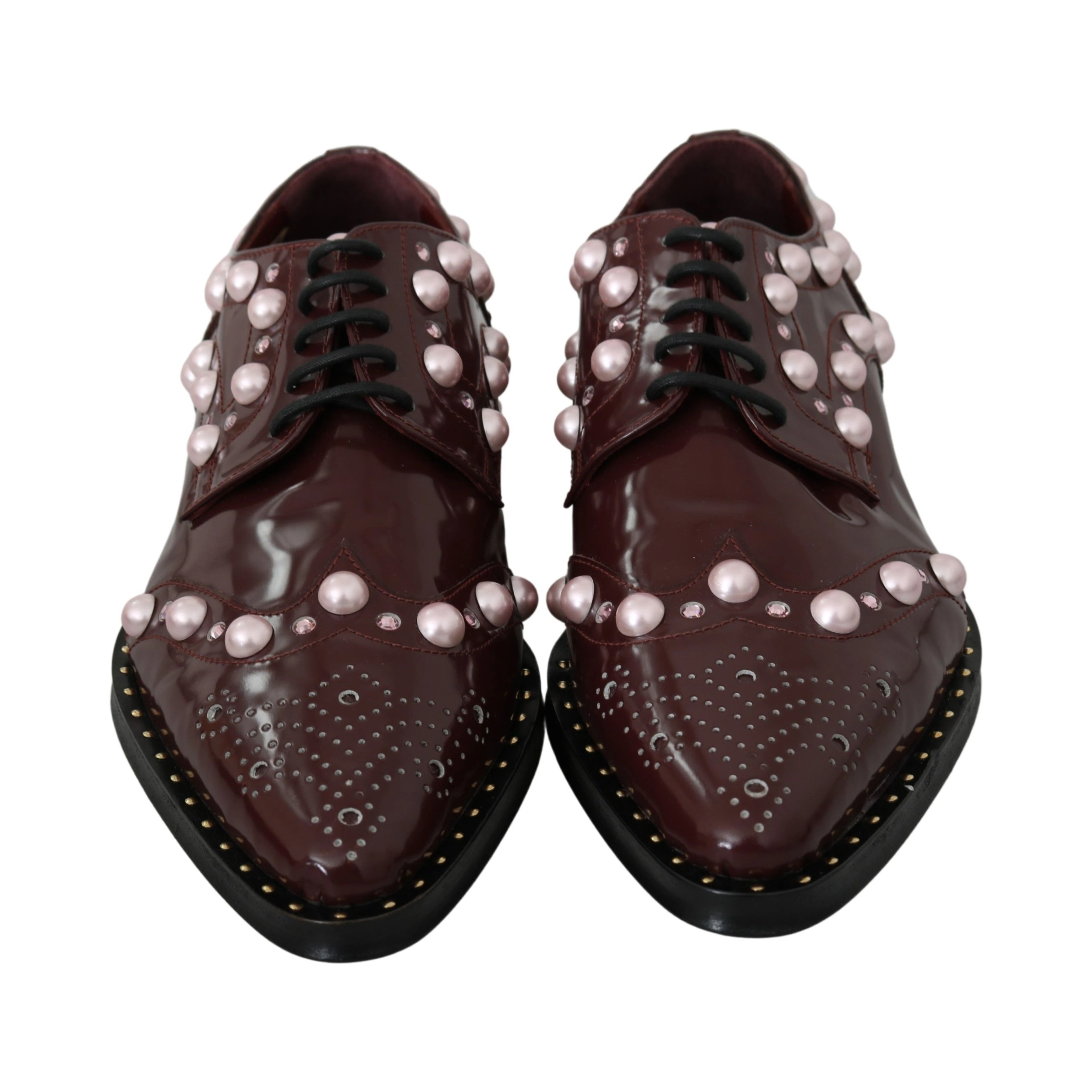 Bordeaux Leather Crystal Pearls Formal Shoes