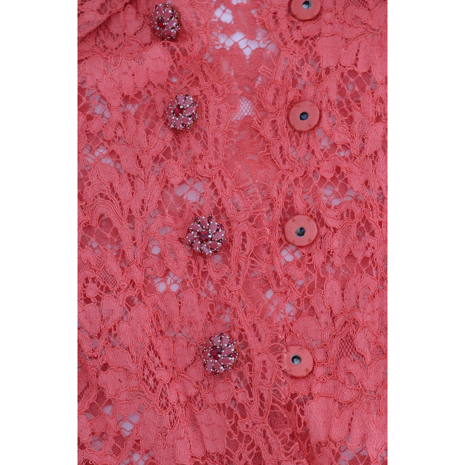 Orange Crystal Buttons Floral Lace Blouse