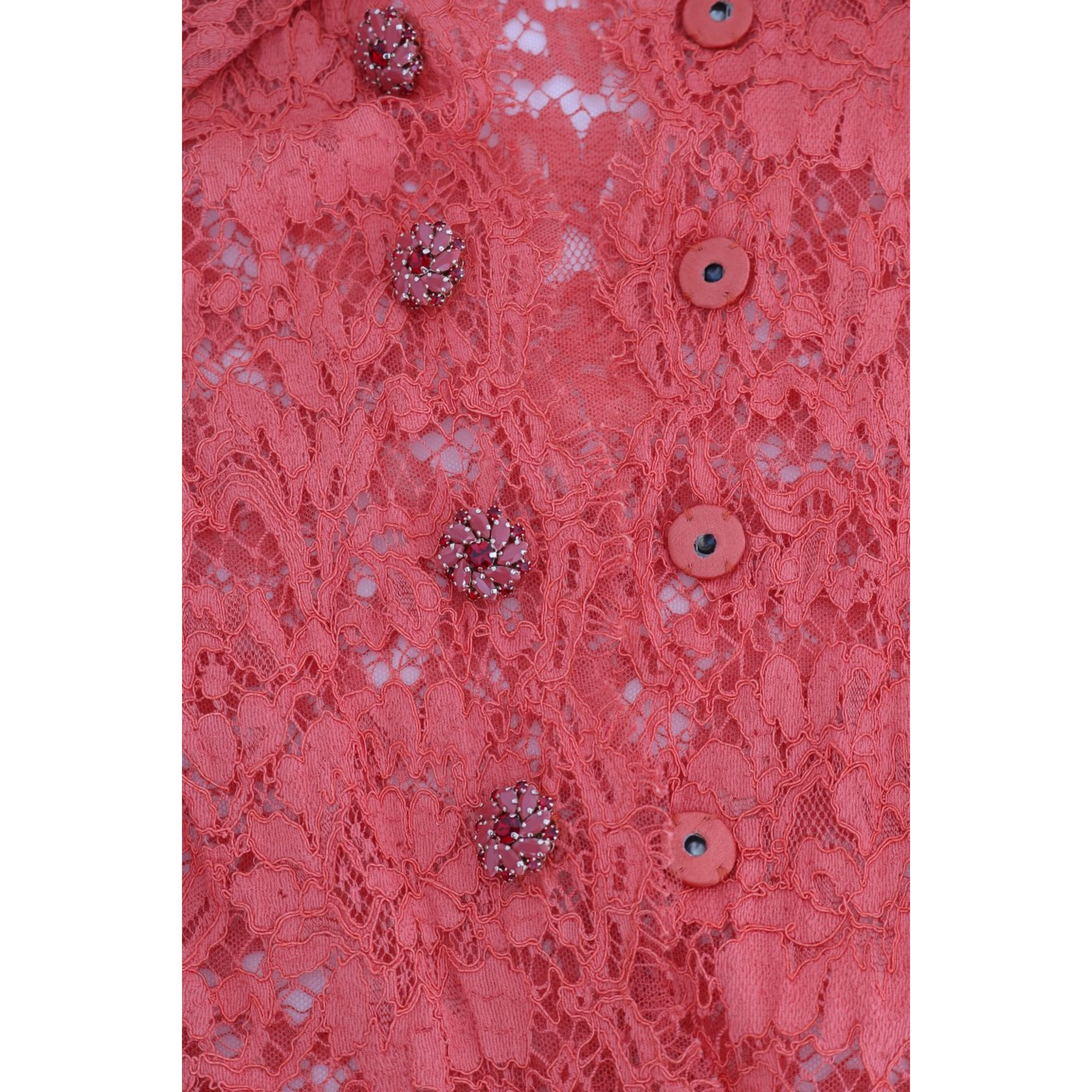 Orange Crystal Buttons Floral Lace Blouse