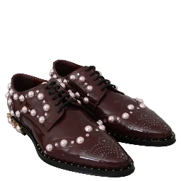 Bordeaux Leather Crystal Pearls Formal Shoes