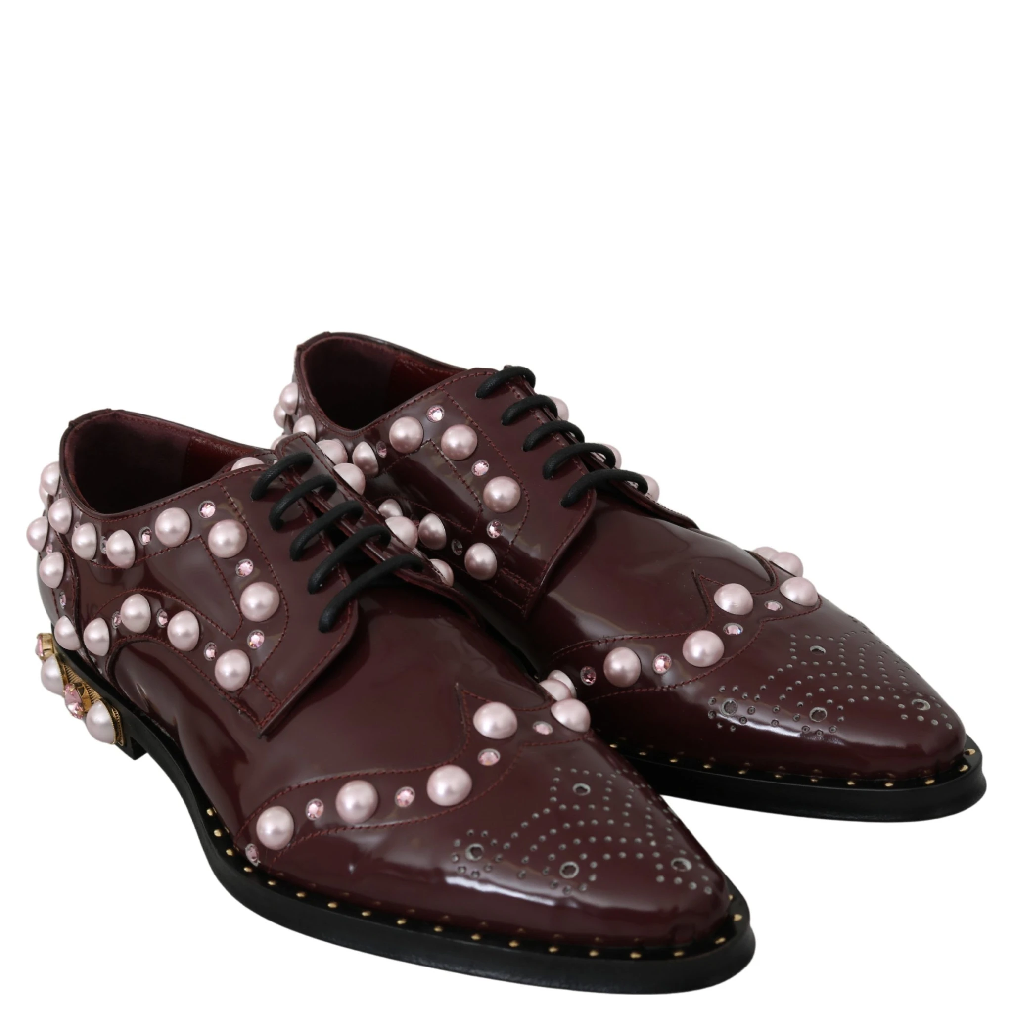 Bordeaux Leather Crystal Pearls Formal Shoes