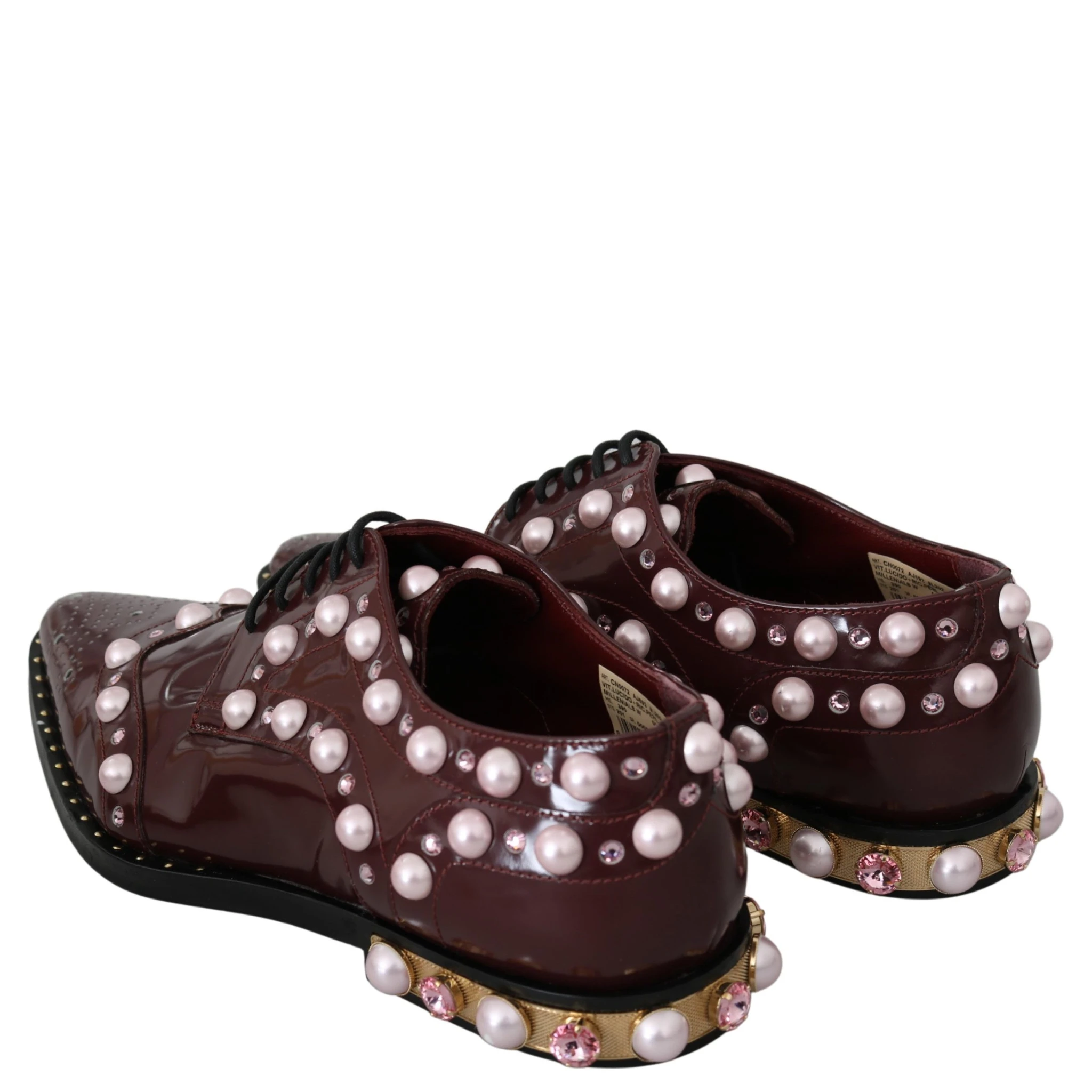 Bordeaux Leather Crystal Pearls Formal Shoes