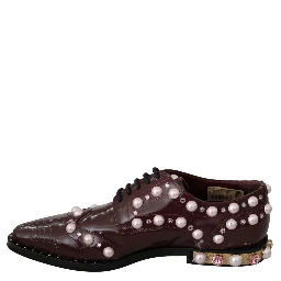 Bordeaux Leather Crystal Pearls Formal Shoes