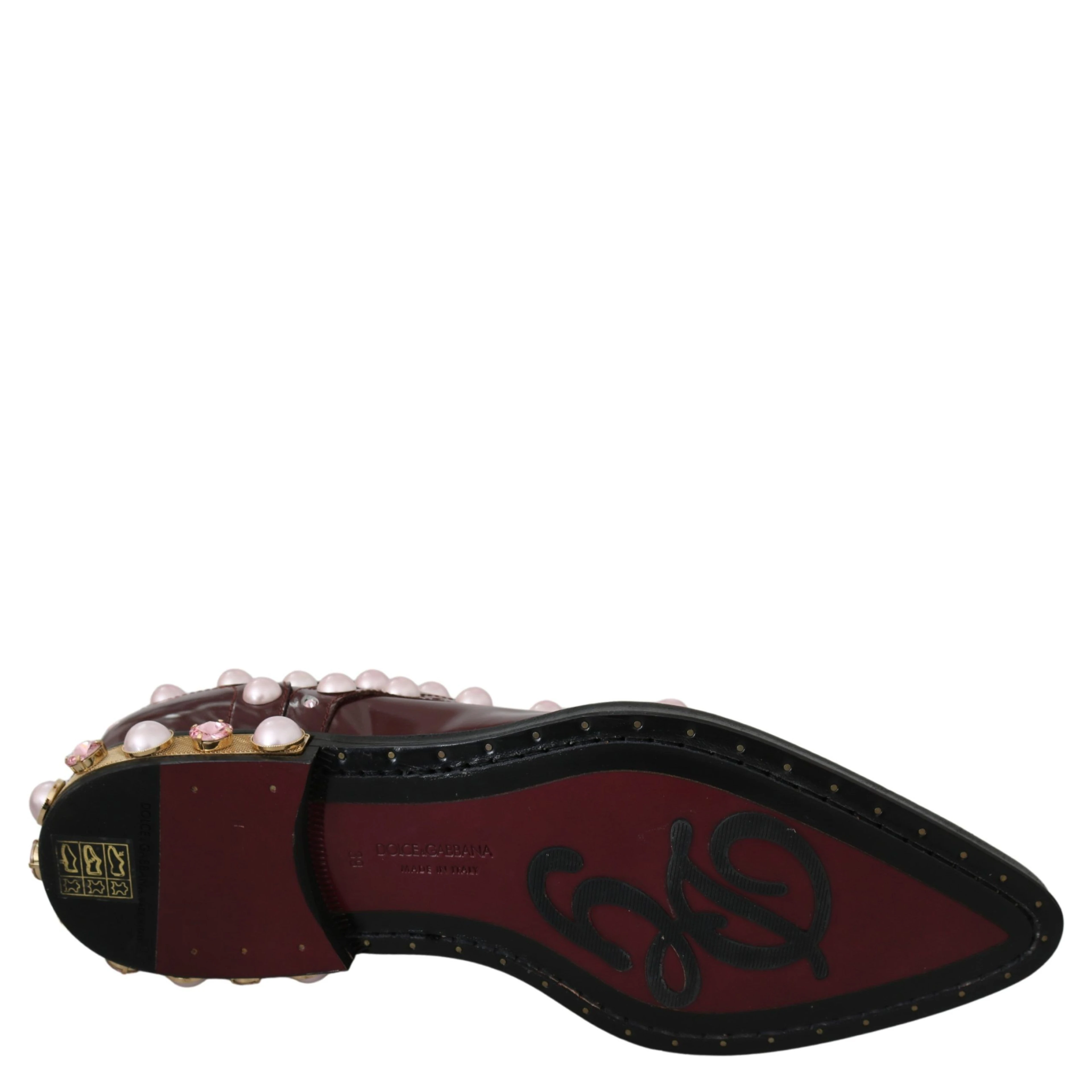 Bordeaux Leather Crystal Pearls Formal Shoes